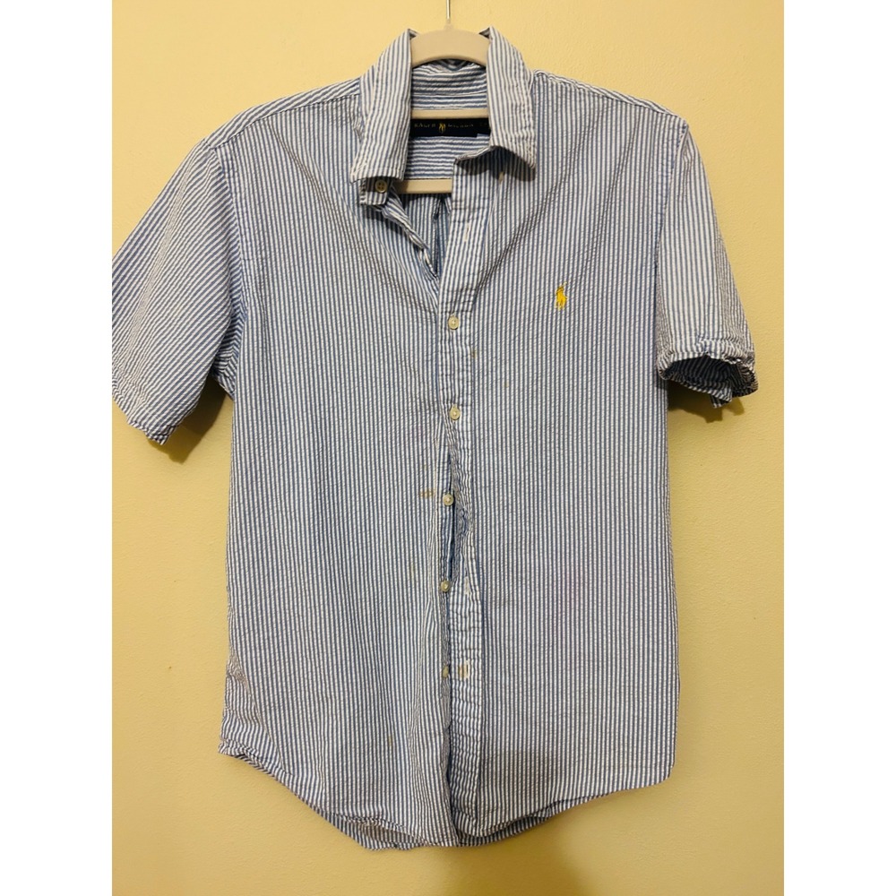 Ralph Lauren Seersucker Shirt Mens Small Blue White Good Striped Short Sleeve